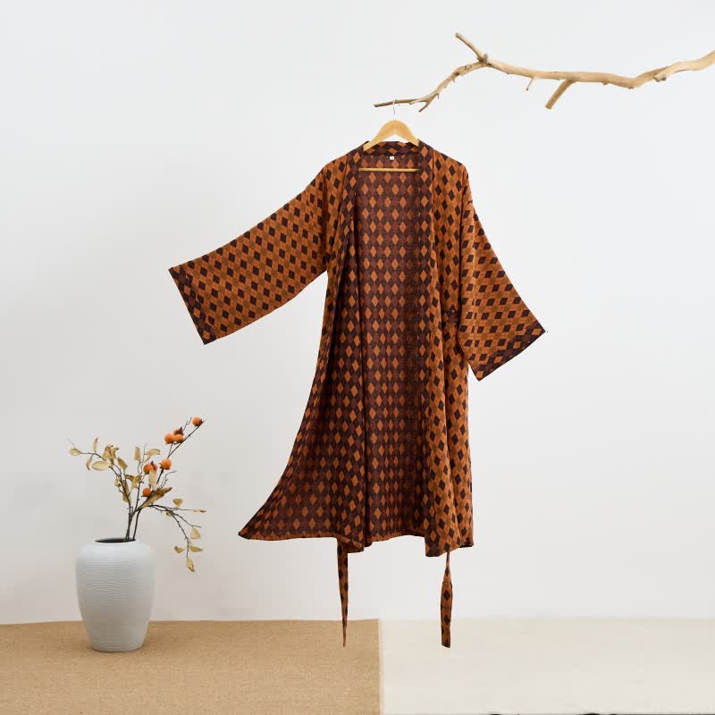 Diamond Plaid Cotton Gauze Kimono Robe - Brown & Yellow - 2XL - image 7