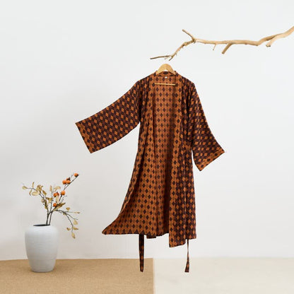 Diamond Plaid Cotton Gauze Kimono Robe - Brown & Red - 2XL - image 1