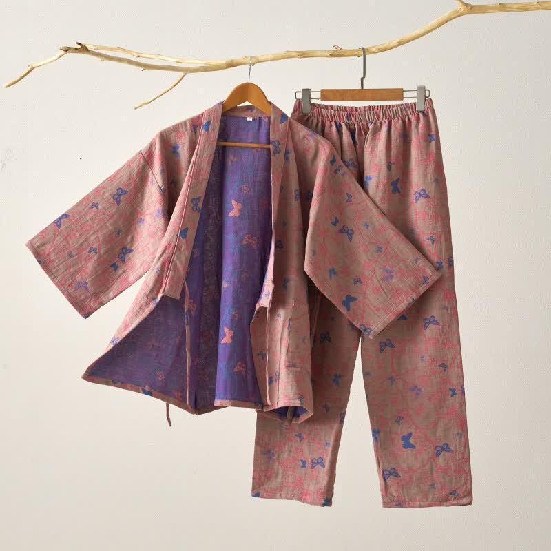 Butterfly Cotton Gauze Kimono Loungewear Set - Brown - XL - image 4