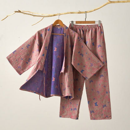 Butterfly Cotton Gauze Kimono Loungewear Set - Brown - XL - image 2