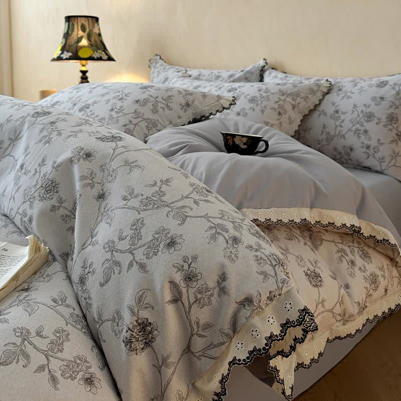 Vintage Floral Cotton Lace Bedding Set - Grey - King - image 9