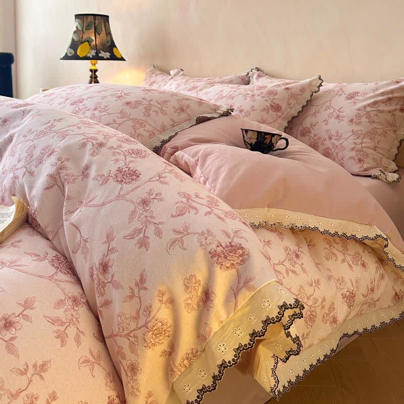Vintage Floral Cotton Lace Bedding Set - Pink - King - image 0
