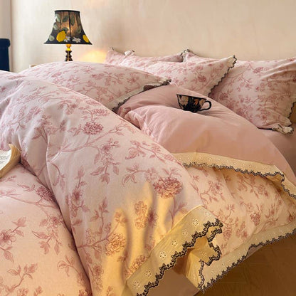 Vintage Floral Cotton Lace Bedding Set - Pink - King - image 0