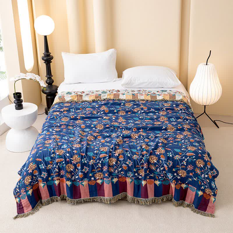 Rustic Blue Floral Cotton Gauze Quilt - Queen - image 0