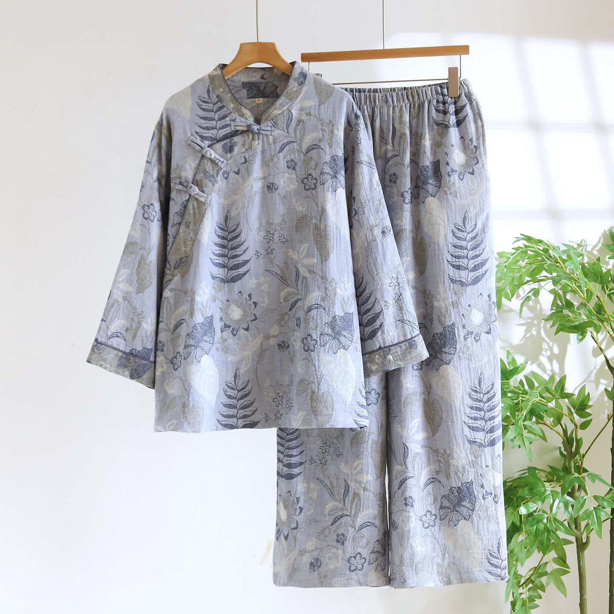 Oriental-Inspired Floral Cotton Gauze Pajama Set - Grey Blue - XXL - image 0