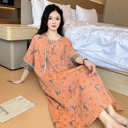 Plus Size Double Layer Cotton Nightgown  - Orange - 5XL - image 5