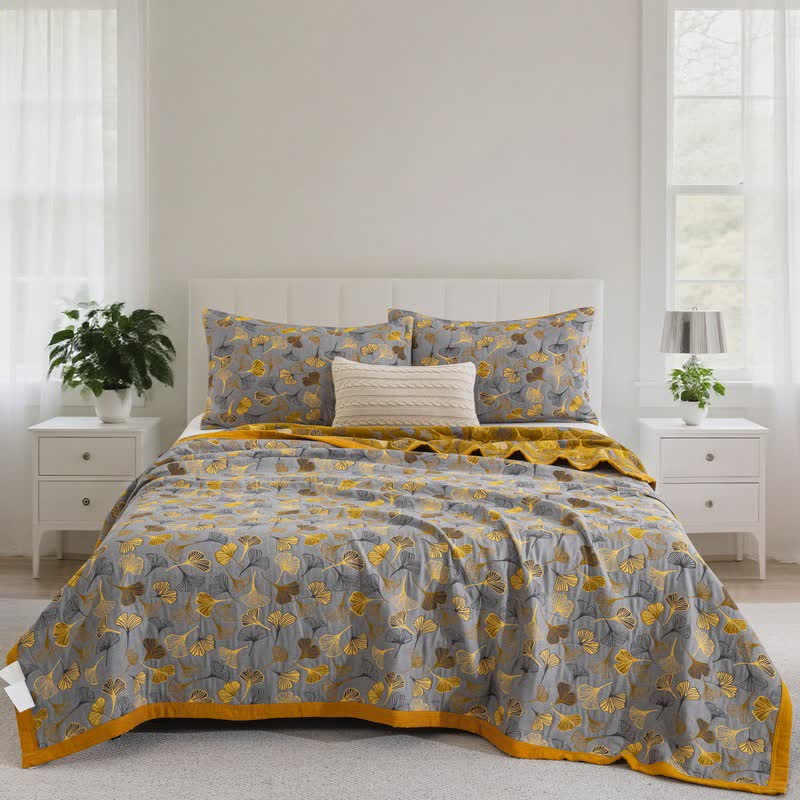 Ginkgo Biloba Organic Cotton Quilt - Grey - Quilt with 2PCS Pillowcases - Cal King - image 52