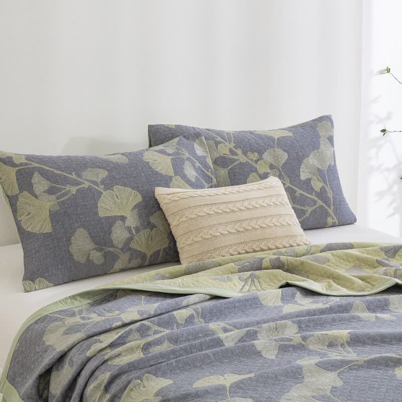 Ginkgo Inspired Natural Cotton Reversible Quilt - image 4