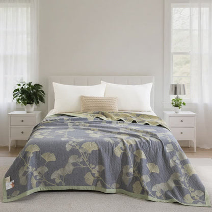 Ginkgo Inspired Natural Cotton Reversible Quilt - Blue - Quilt - Cal King - image 3