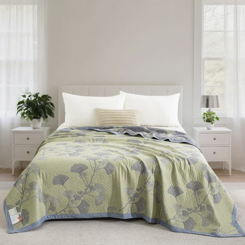 Ginkgo Inspired Natural Cotton Reversible Quilt - Green - Quilt - Cal King - image 15