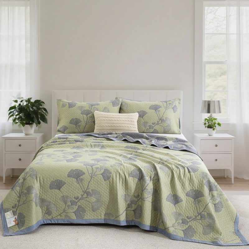 Ginkgo Inspired Natural Cotton Reversible Quilt - Green - Quilt with 2PCS Pillowcases - Cal King - image 12