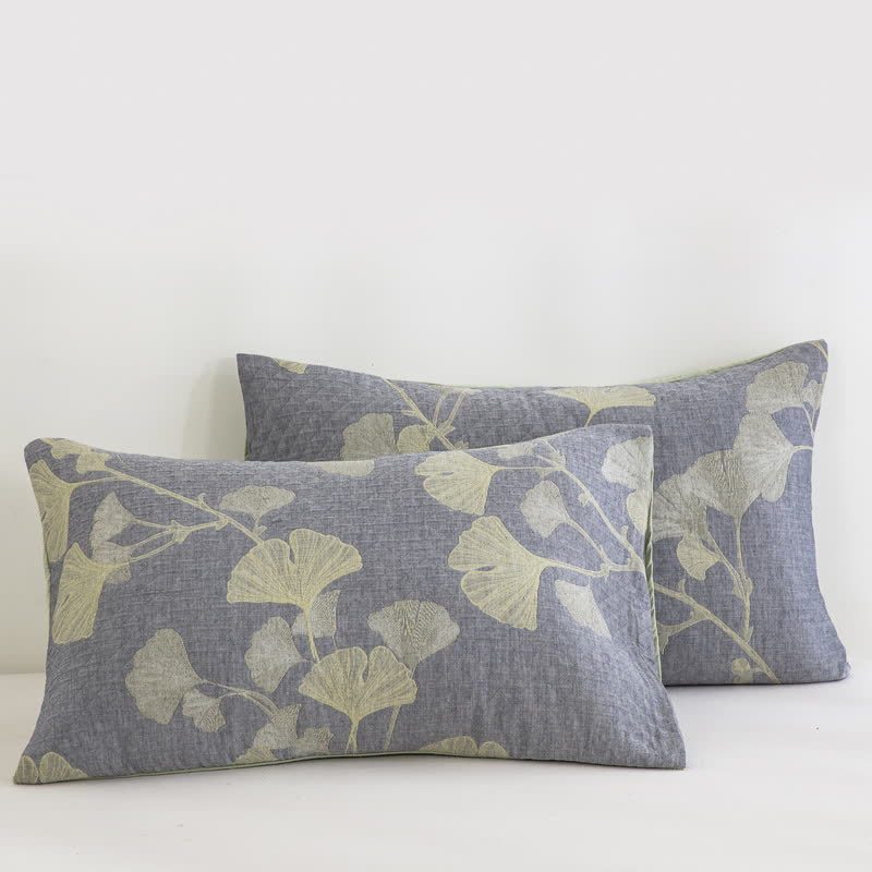 Ginkgo Inspired Natural Cotton Reversible Quilt - Blue - 2PCS Pillowcases - 20" x 36" - image 6