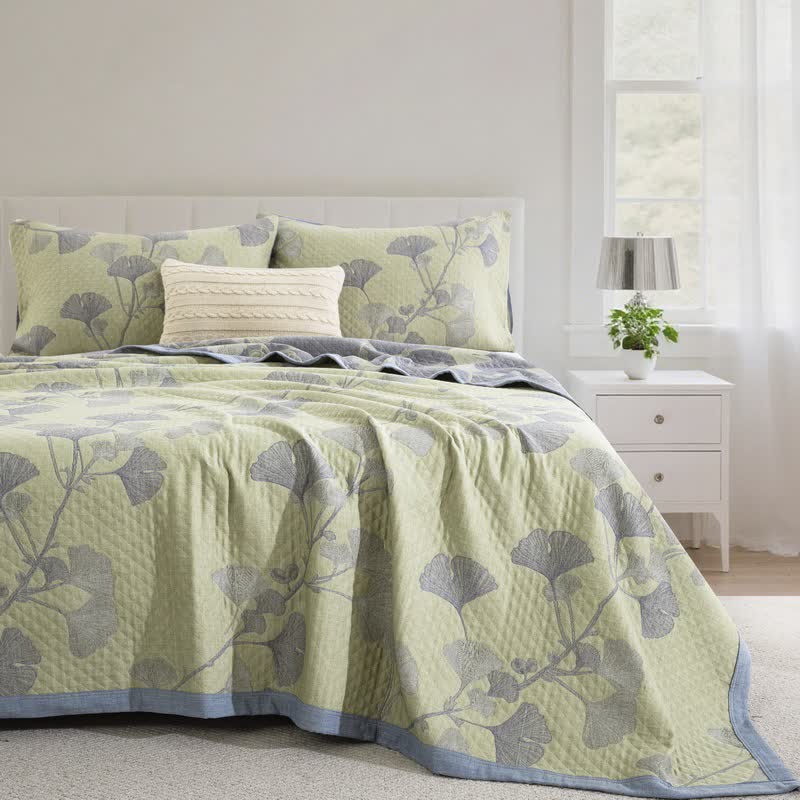 Ginkgo Inspired Natural Cotton Reversible Quilt - image 14