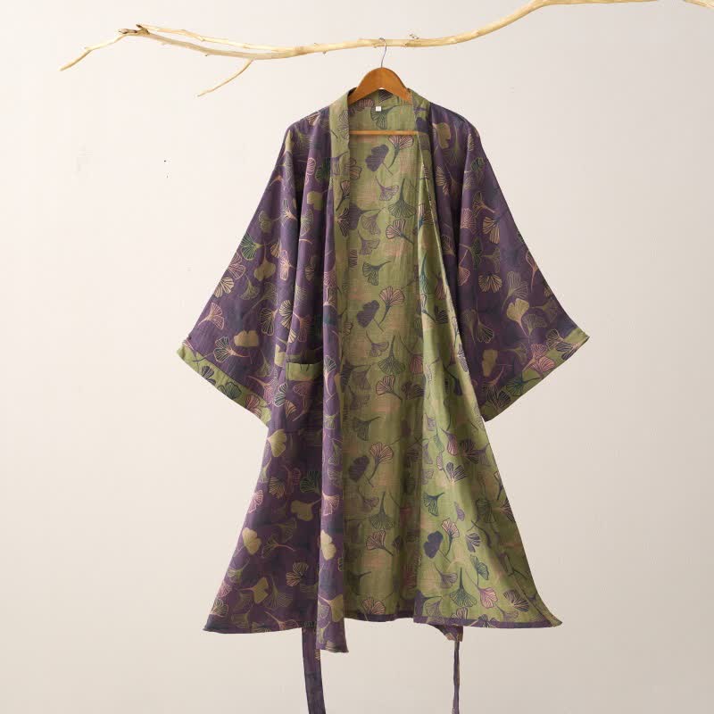 Ginkgo Biloba Cotton Gauze Kimono Robe - Purple & Green - 2XL - image 5