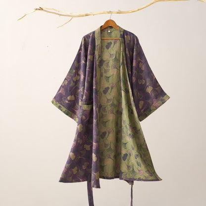 Ginkgo Biloba Cotton Gauze Kimono Robe - Purple & Green - 2XL - image 22