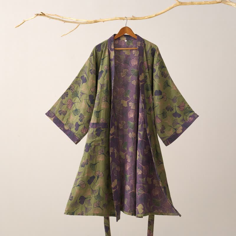 Ginkgo Biloba Cotton Gauze Kimono Robe - Green & Purple - 2XL - image 28