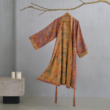 Vintage Leaf Cotton Gauze Kimono Robe - Grey & Orange - 2XL - image 5