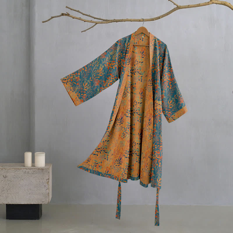 Vintage Leaf Cotton Gauze Kimono Robe - Blue & Orange - 2XL - image 0