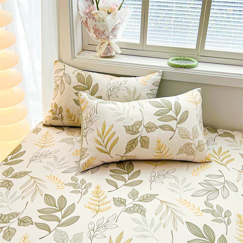 Natural Style Leaf Cotton Fitted Sheet - 2PCS Pillowcases - 19" x 29" - image 3