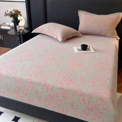 Plum Blossom Cotton Gauze Fitted Sheet - Light Green - Fitted Sheet with 2PCS Pillowcases - Queen - image 0