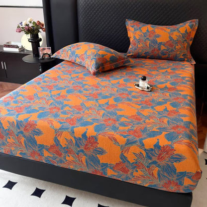 Lily Floral Cotton Gauze Fitted Sheet - Blue - Fitted Sheet with 2PCS Pillowcases - Queen - image 4