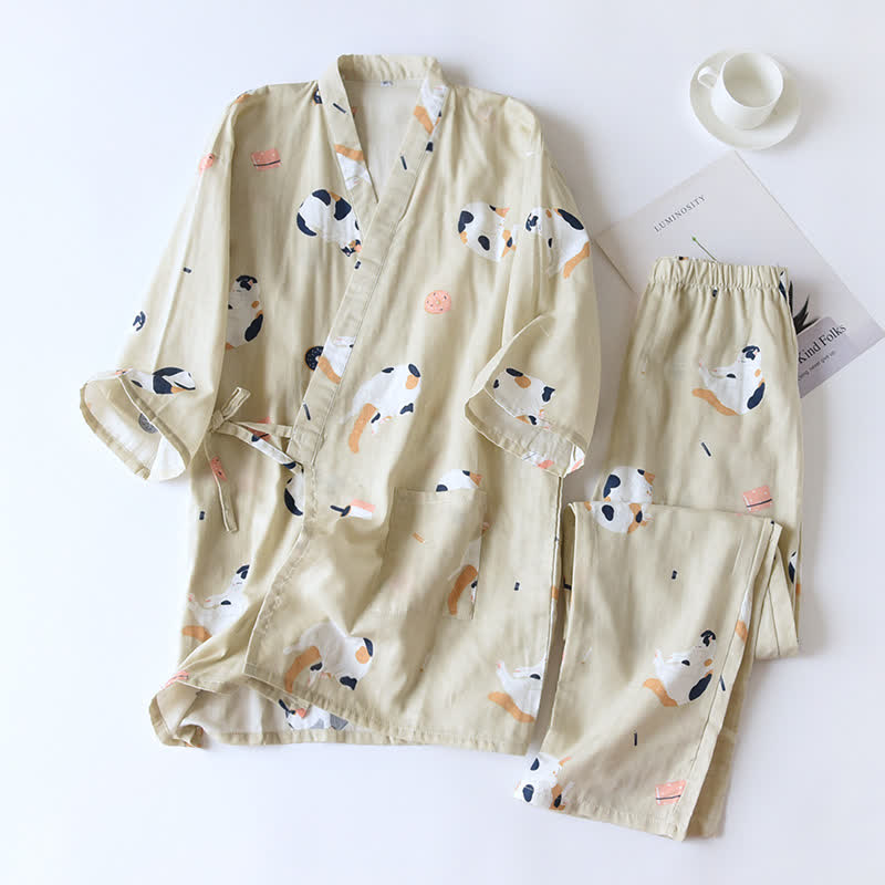 Matching Cat Kimono Cotton Gauze Loungewear - Khaki - Women - XL - image 2