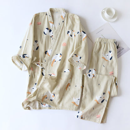 Matching Cat Kimono Cotton Gauze Loungewear - Khaki - Women - XL - image 2