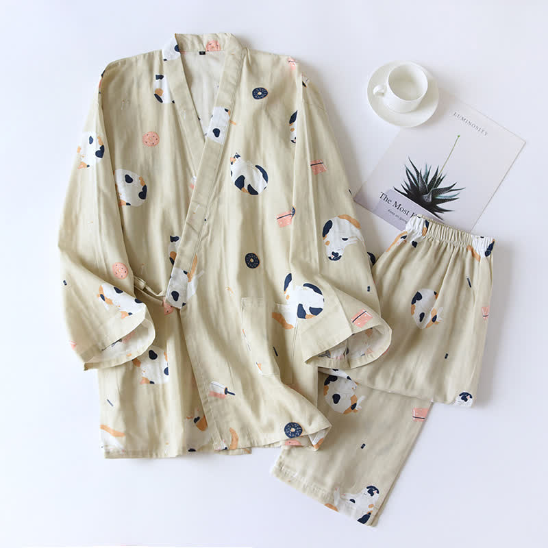 Matching Cat Kimono Cotton Gauze Loungewear - Khaki - Men - XL - image 4