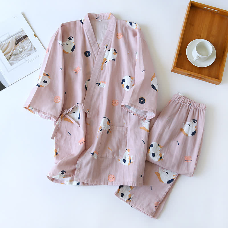 Matching Cat Kimono Cotton Gauze Loungewear - Pink - Women - XL - image 16