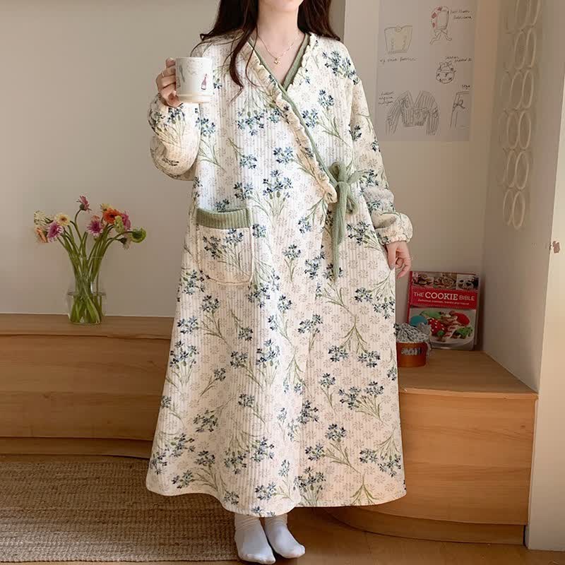 Elegant Floral Ruffled Nightdress with Pocket - image 0