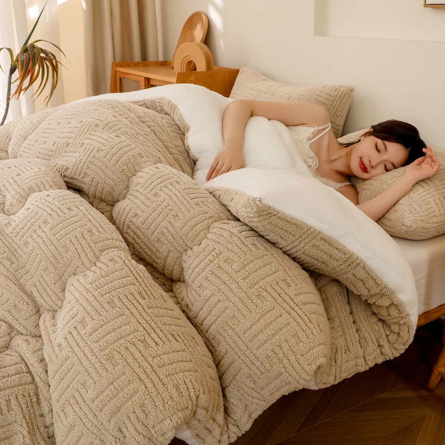 Geometric Striped Textured Sherpa Blanket - Khaki - King - image 3