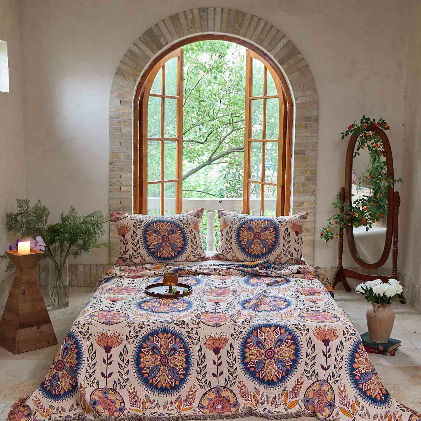Ownkoti Floral Medallion Cotton Tassel Quilt - Quilt with 2PCS Pillowcases - King - image 0