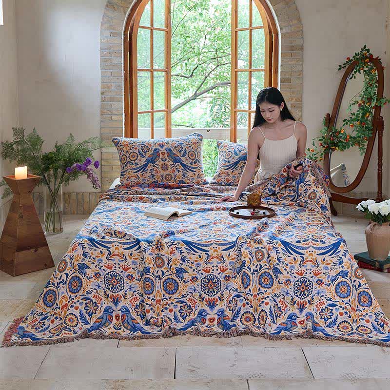 Ownkoti Vintage Bird Cotton Gauze Tassel Quilt - image 3