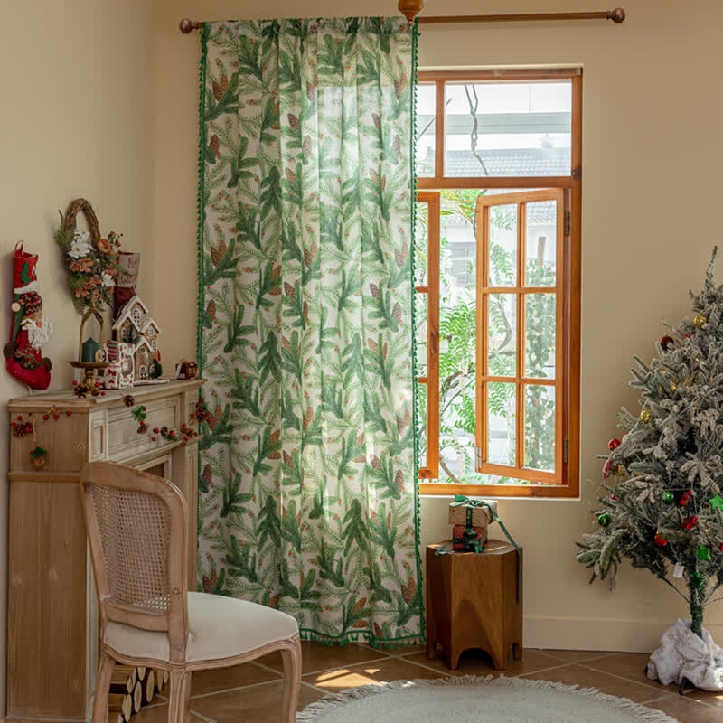 Ownkoti Pinecone Leaf Print Tassel Curtain - Rod Pocket - 59" x 102" - image 0