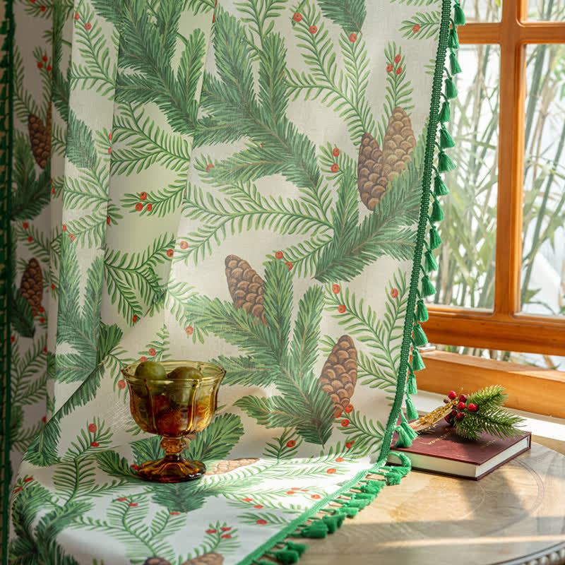 Ownkoti Pinecone Leaf Print Tassel Curtain - image 3