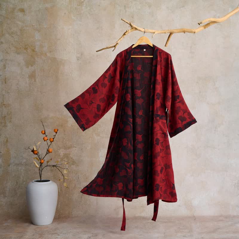Ginkgo Biloba Cotton Gauze Kimono Robe - Red & Black - 2XL - image 34