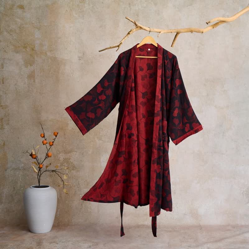 Ginkgo Biloba Cotton Gauze Kimono Robe - Black & Red - 2XL - image 33