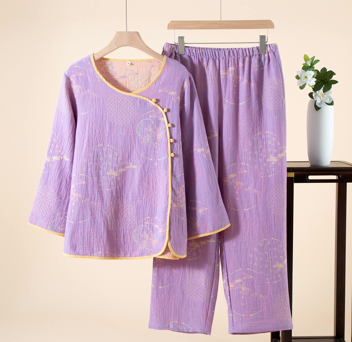 Ownkoti Oriental Retro Jacquard Cotton Gauze Loungewear - Purple - XL - image 2