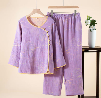 Ownkoti Oriental Retro Jacquard Cotton Gauze Loungewear - Purple - XL - image 2