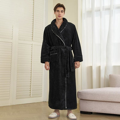Luxury Double-Layer Fleece Long Robe - Black - Men: 3XL - image 11