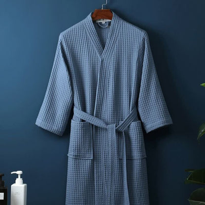 Ownkoti Simple Solid Color Cotton V-neck Bathrobe - Blue - XL - image 9
