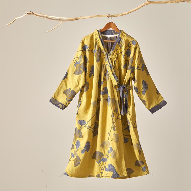 Ginkgo Leaf Hanfu Inspired Cotton Nightdress - Yellow - XL - image 0