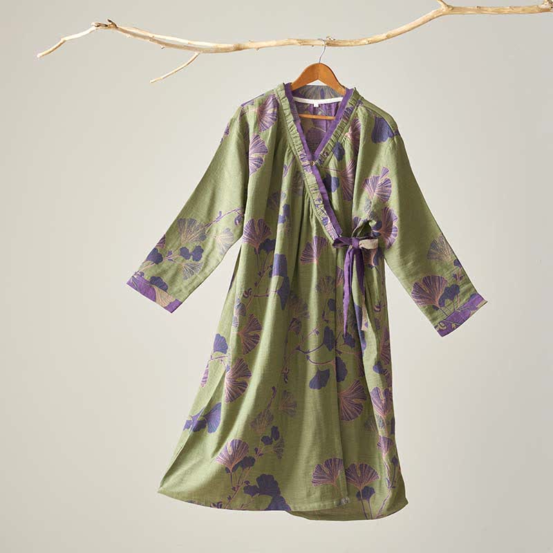 Ginkgo Leaf Hanfu Inspired Cotton Nightdress - Green - XL - image 8