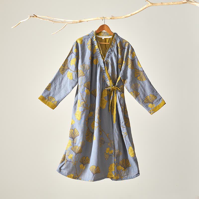 Ginkgo Leaf Hanfu Inspired Cotton Nightdress - Light Gray - XL - image 16