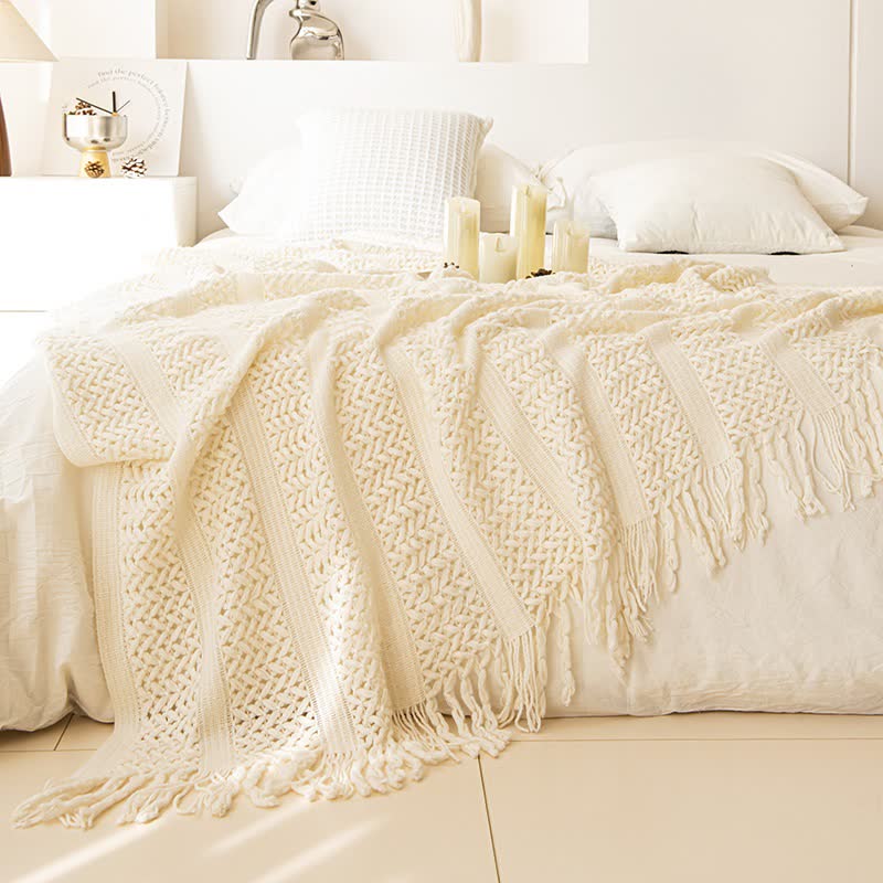 Ownkoti Solid Geometric Cable Knit Throw Blanket - Beige - 51"W x 90"L - image 1