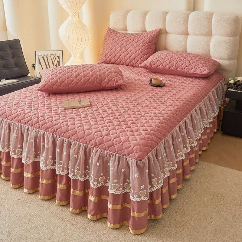 Ownkoti Heart Quilted Bed Skirt Sheet - Pink - Bed Skirt Sheet with 2PCS Pillowcases - King - image 14