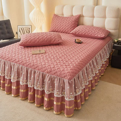 Ownkoti Heart Quilted Bed Skirt Sheet - Pink - Bed Skirt Sheet with 2PCS Pillowcases - King - image 14