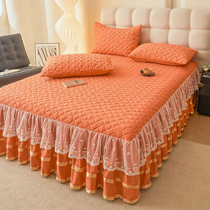 Ownkoti Heart Quilted Bed Skirt Sheet - Orange - Bed Skirt Sheet with 2PCS Pillowcases - King - image 12