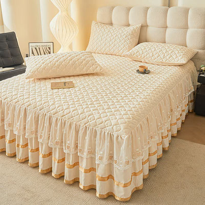 Ownkoti Heart Quilted Bed Skirt Sheet - Beige - Bed Skirt Sheet with 2PCS Pillowcases - King - image 10