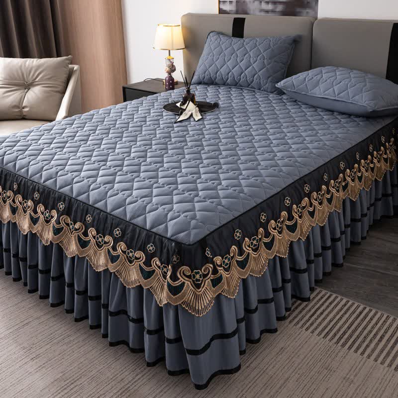 Ownkoti Heart Quilted Lace Bed Skirt Sheet - Grey - Bed Skirt Sheet with 2PCS Pillowcases - King - image 6
